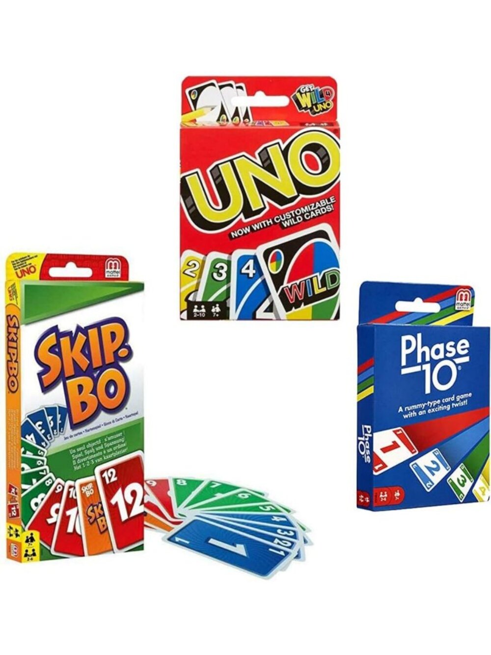Fun Card Game Set - Skip Bo, Uno & Phase 10 - Family Game Night Essentials